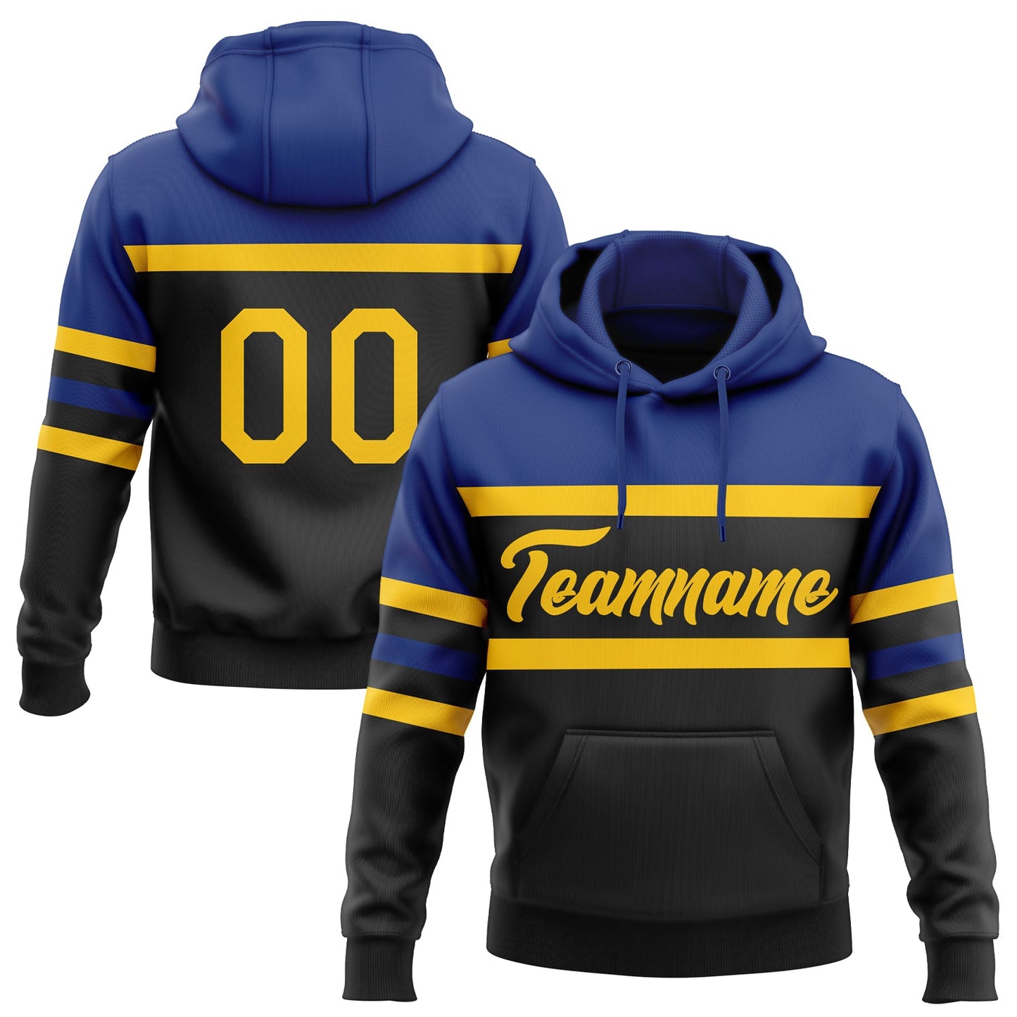 Custom Stitched Black Yellow-Royal Line Sports Pullover Sweatshirt Hoodie - Main View