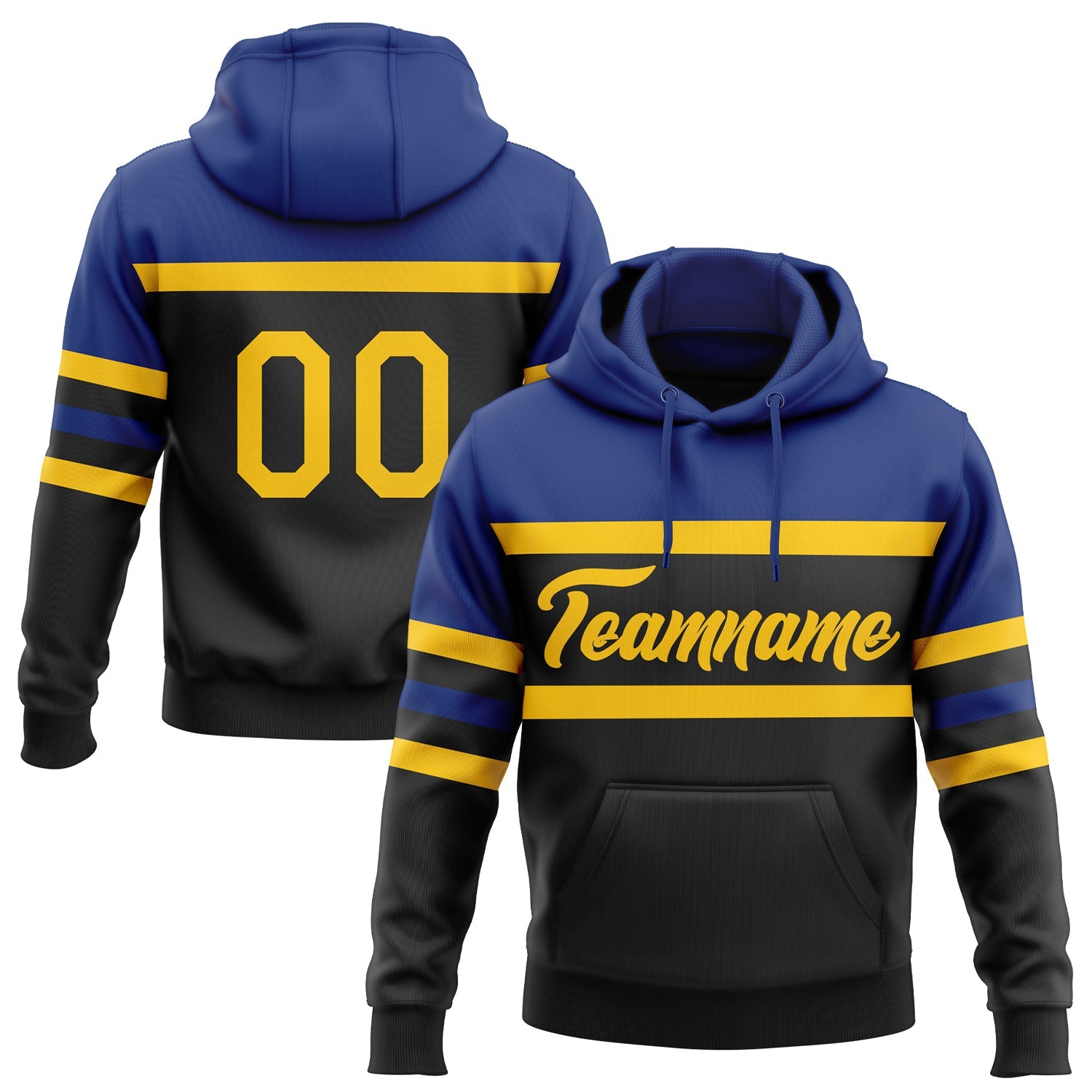 Custom Stitched Black Yellow-Royal Line Sports Pullover Sweatshirt Hoodie - Main View
