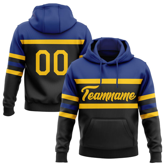 Custom Stitched Black Yellow-Royal Line Sports Pullover Sweatshirt Hoodie - Main View