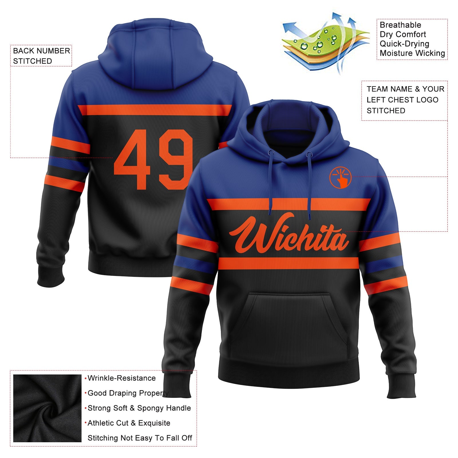 Custom Stitched Black Orange-Royal Line Sports Pullover Sweatshirt Hoodie view 2