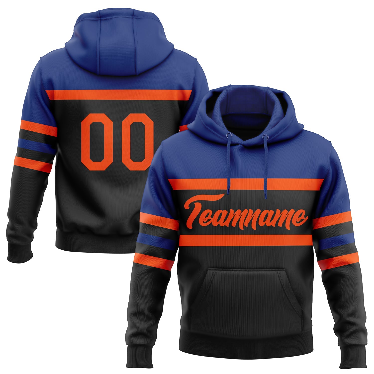 Custom Stitched Black Orange-Royal Line Sports Pullover Sweatshirt Hoodie - Main View