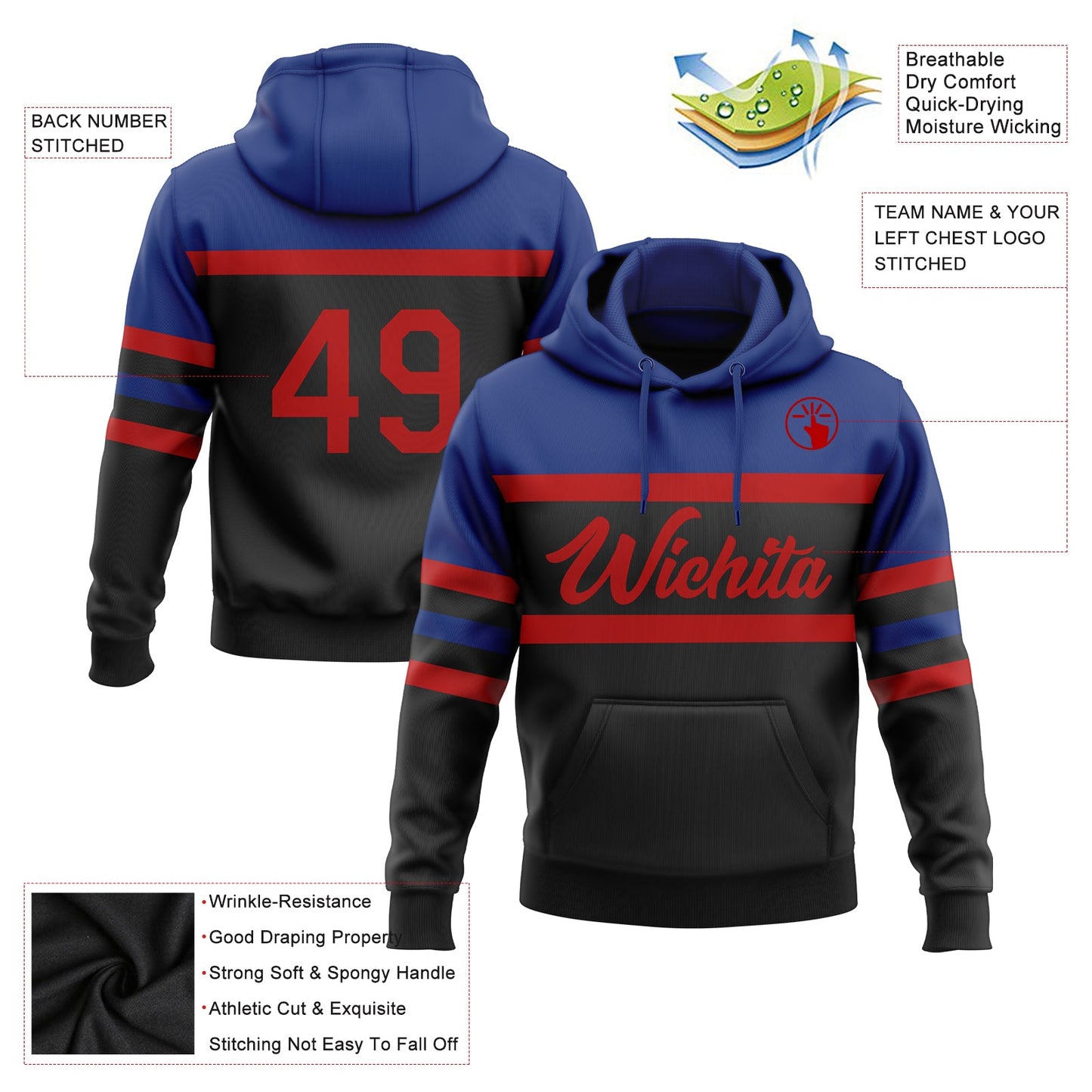 Custom Stitched Black Red-Royal Line Sports Pullover Sweatshirt Hoodie view 2