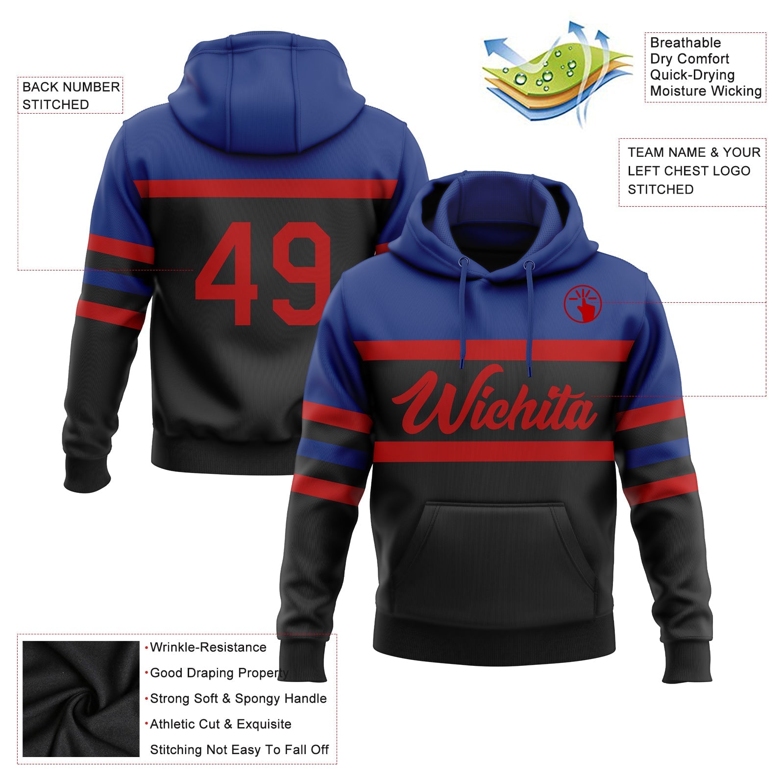 Custom Stitched Black Red-Royal Line Sports Pullover Sweatshirt Hoodie view 2