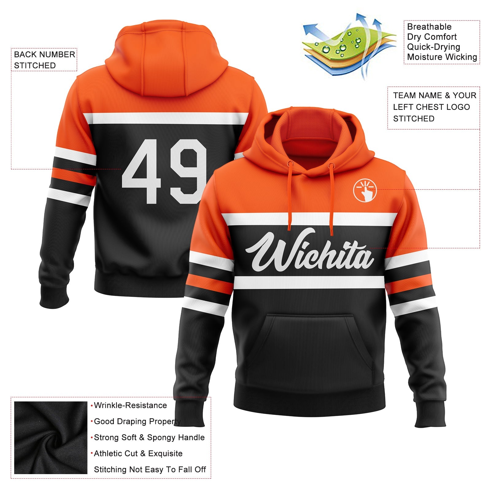 Custom Stitched Black White-Orange Line Sports Pullover Sweatshirt Hoodie view 2