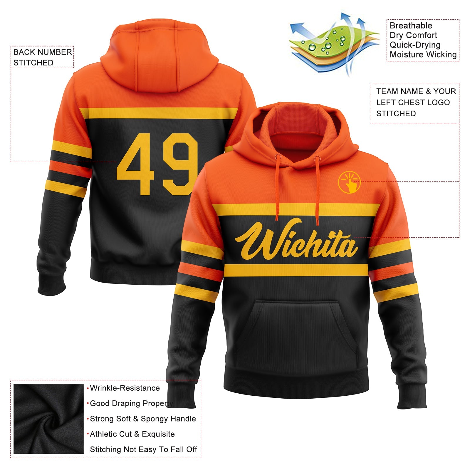 Custom Stitched Black Gold-Orange Line Sports Pullover Sweatshirt Hoodie view 2