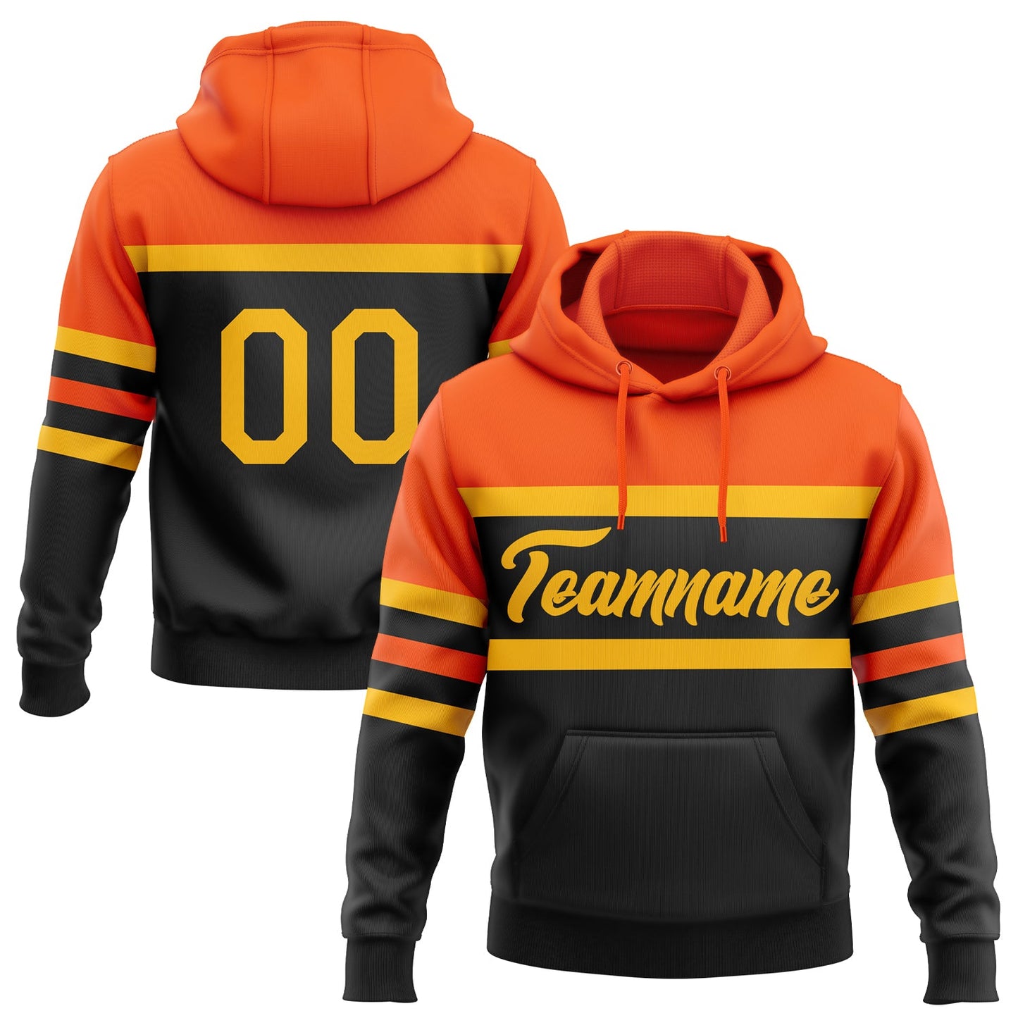 Custom Stitched Black Gold-Orange Line Sports Pullover Sweatshirt Hoodie - Main View