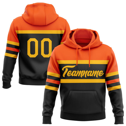 Custom Stitched Black Gold-Orange Line Sports Pullover Sweatshirt Hoodie - Main View