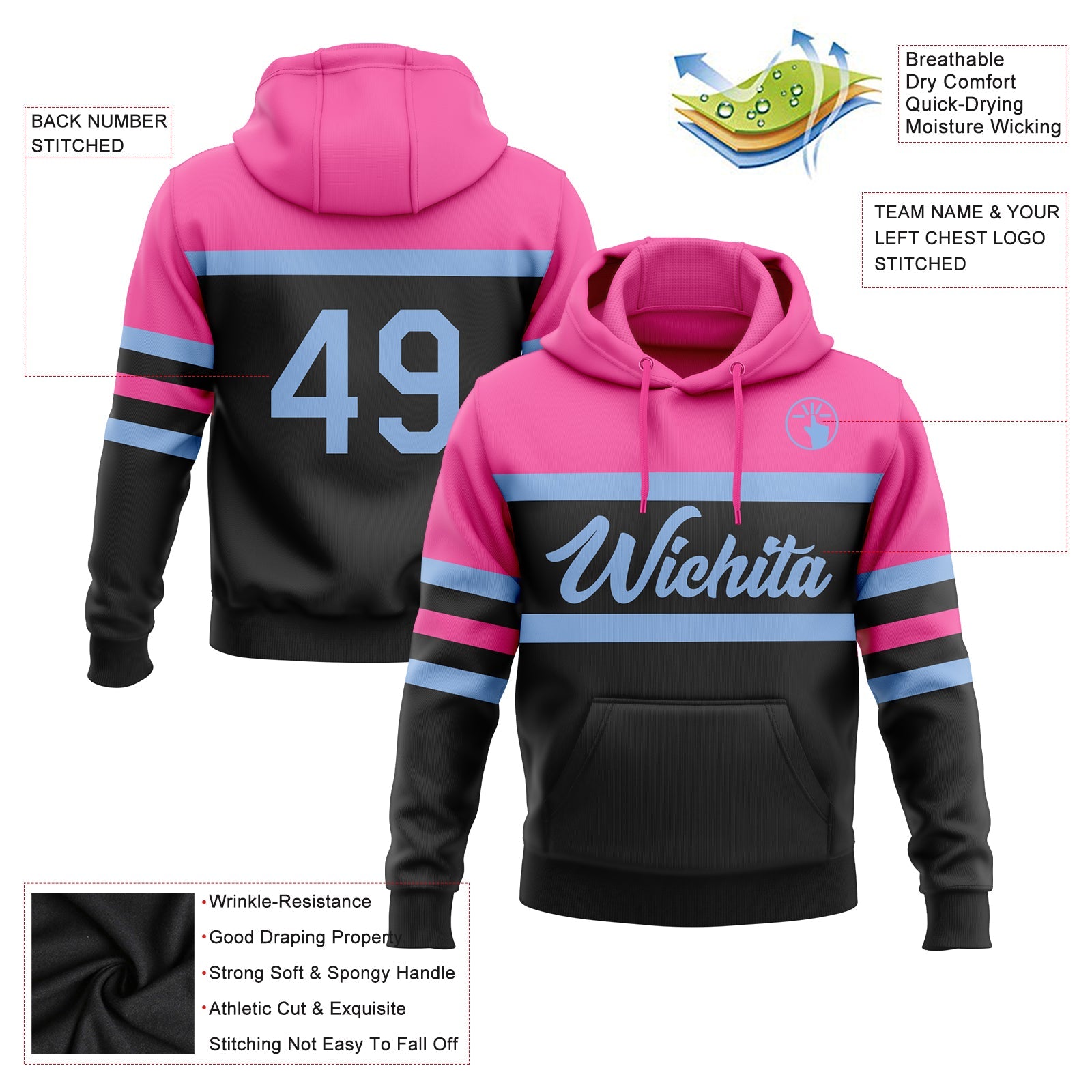 Custom Stitched Black Light Blue-Pink Line Sports Pullover Sweatshirt Hoodie view 2