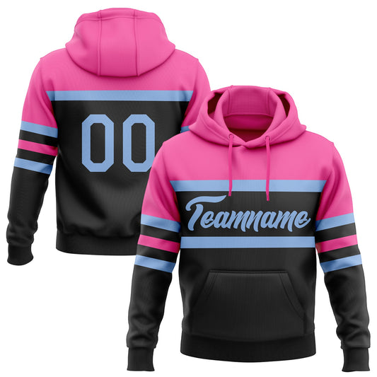 Custom Stitched Black Light Blue-Pink Line Sports Pullover Sweatshirt Hoodie - Main View