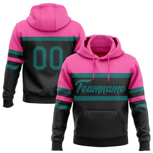 Custom Stitched Black Teal-Pink Line Sports Pullover Sweatshirt Hoodie - Main View