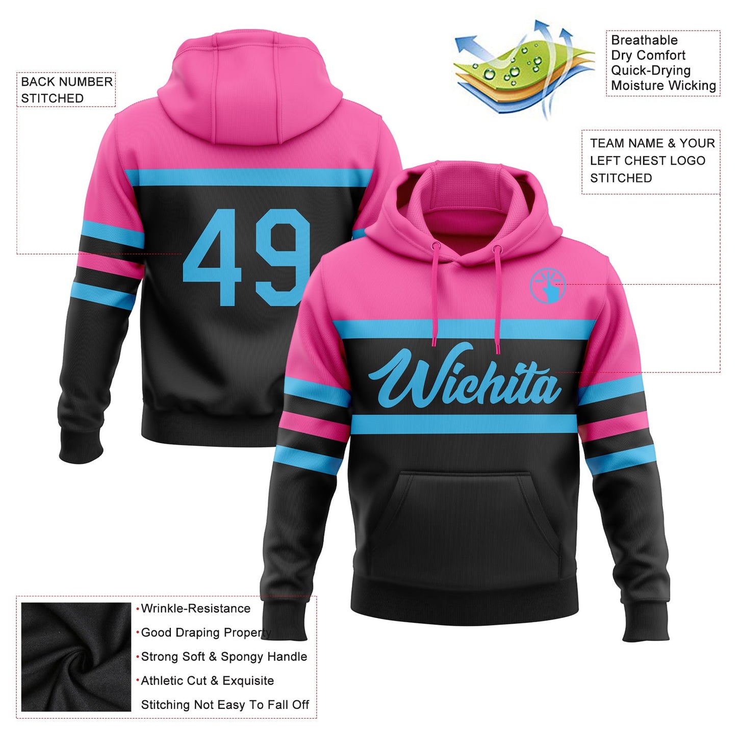 Custom Stitched Black Sky Blue-Pink Line Sports Pullover Sweatshirt Hoodie view 2