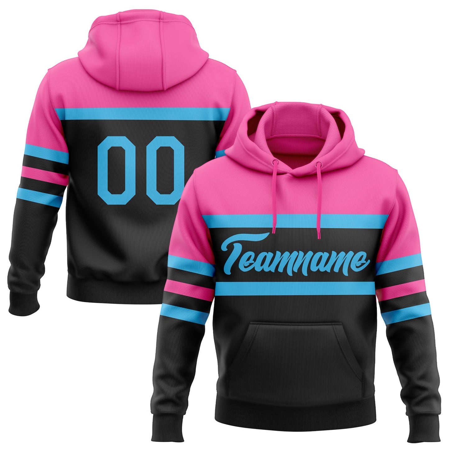 Custom Stitched Black Sky Blue-Pink Line Sports Pullover Sweatshirt Hoodie - Main View