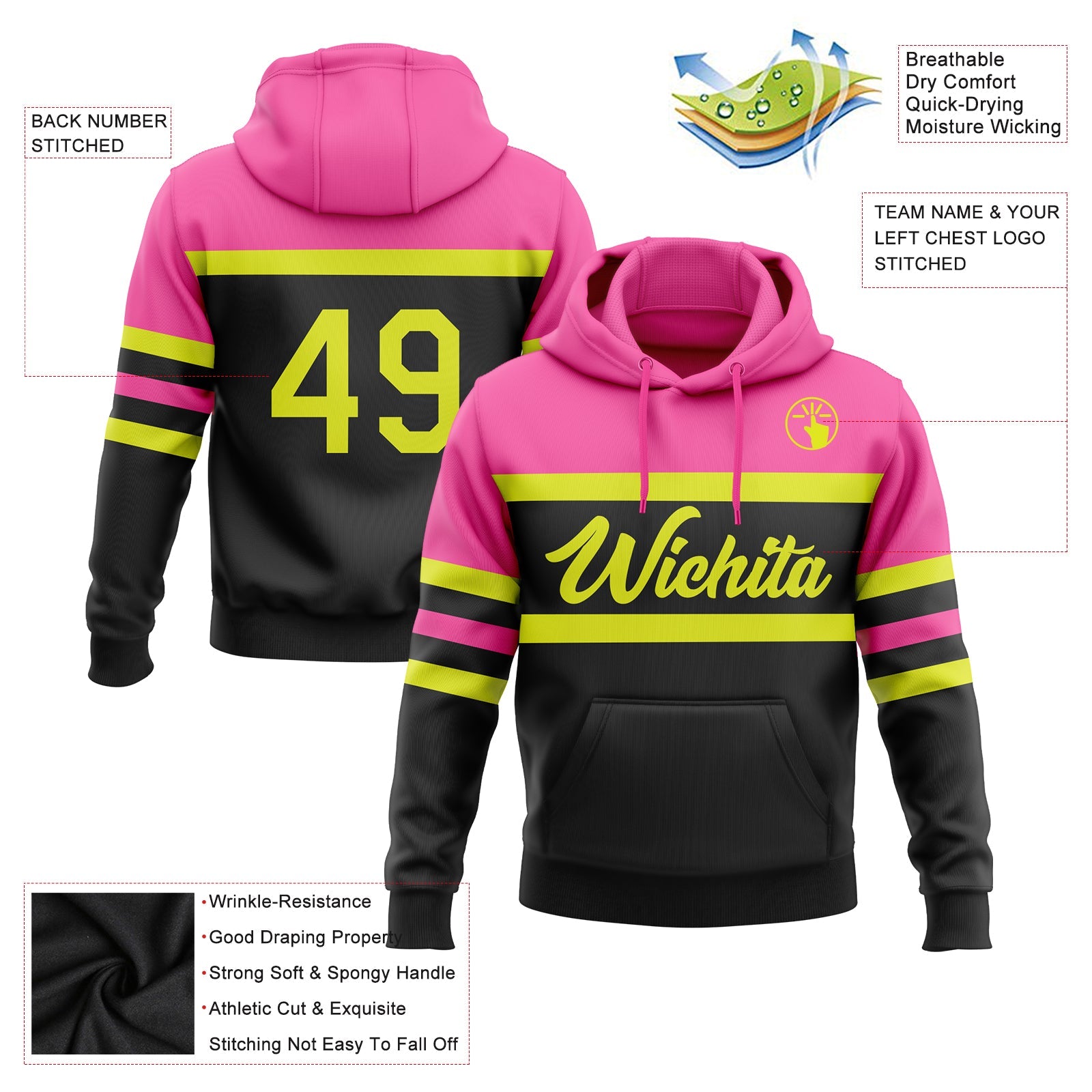 Custom Stitched Black Neon Yellow-Pink Line Sports Pullover Sweatshirt Hoodie view 2