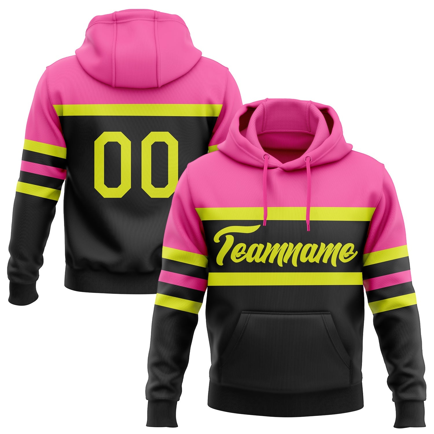 Custom Stitched Black Neon Yellow-Pink Line Sports Pullover Sweatshirt Hoodie - Main View