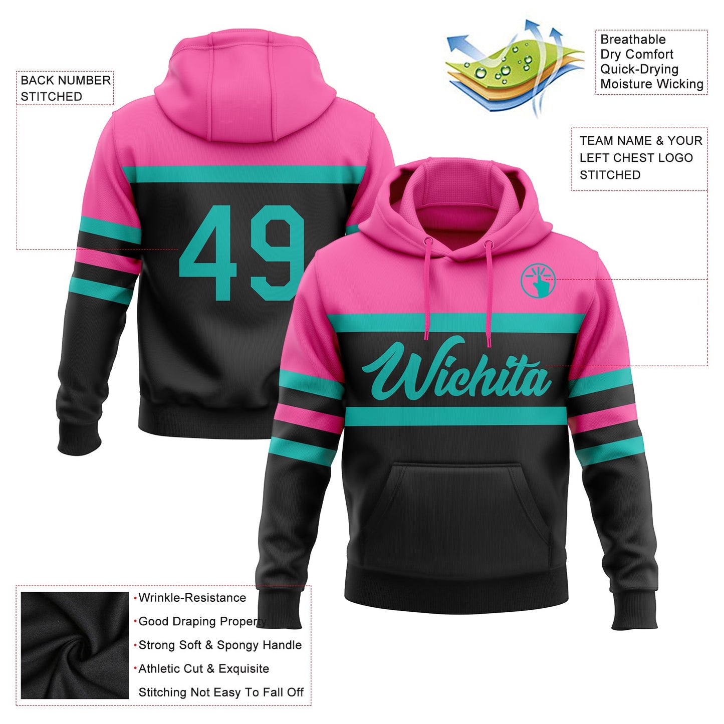Custom Stitched Black Aqua-Pink Line Sports Pullover Sweatshirt Hoodie view 2