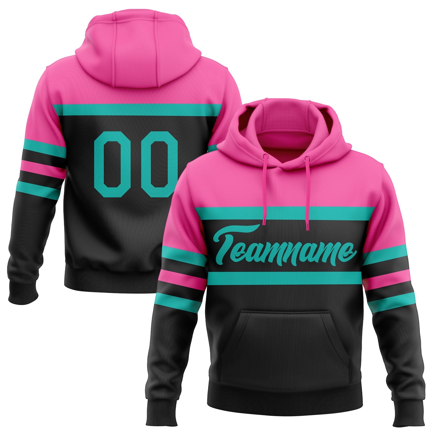 Custom Stitched Black Aqua-Pink Line Sports Pullover Sweatshirt Hoodie - Main View