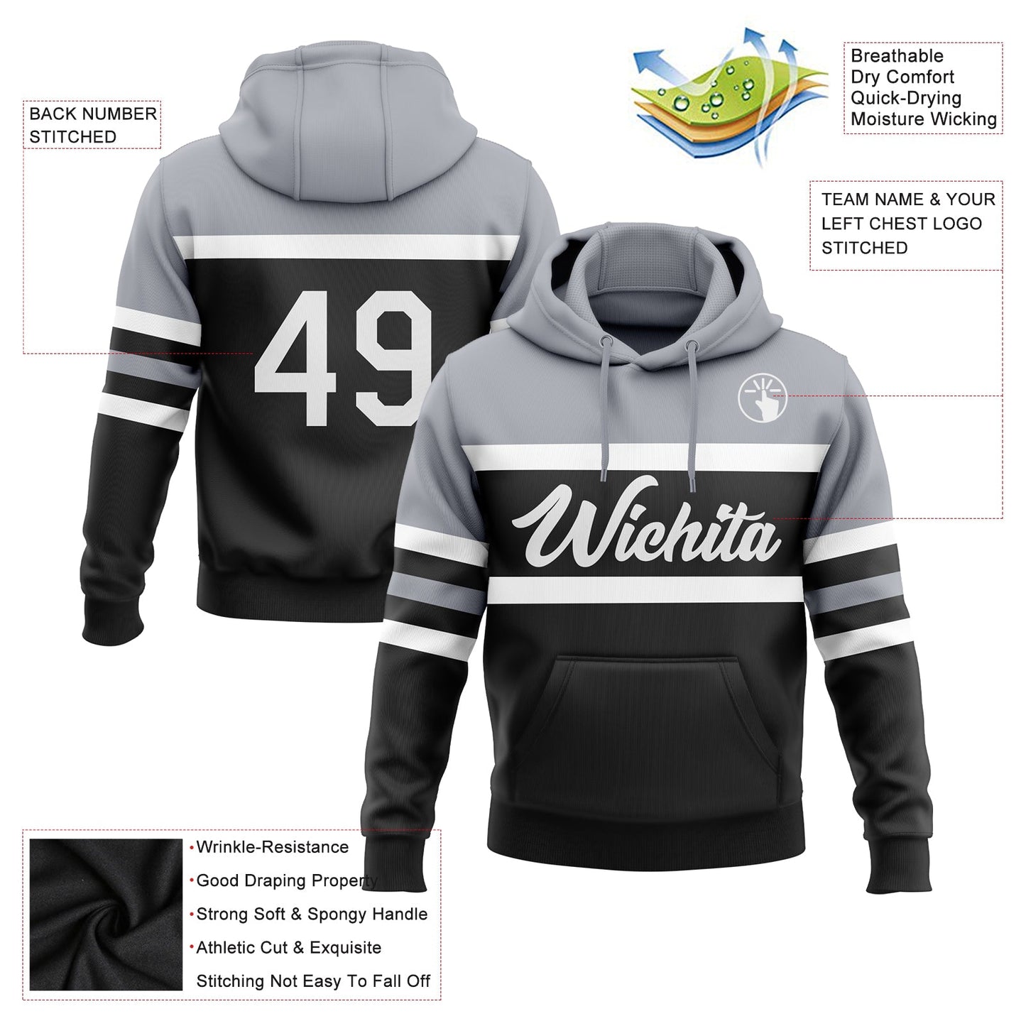 Custom Stitched Black White-Gray Line Sports Pullover Sweatshirt Hoodie view 2