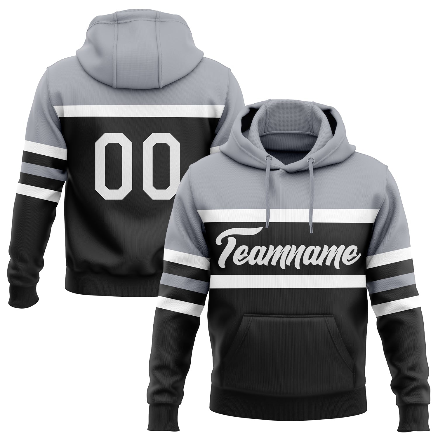 Custom Stitched Black White-Gray Line Sports Pullover Sweatshirt Hoodie - Main View