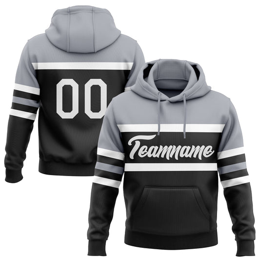 Custom Stitched Black White-Gray Line Sports Pullover Sweatshirt Hoodie - Main View