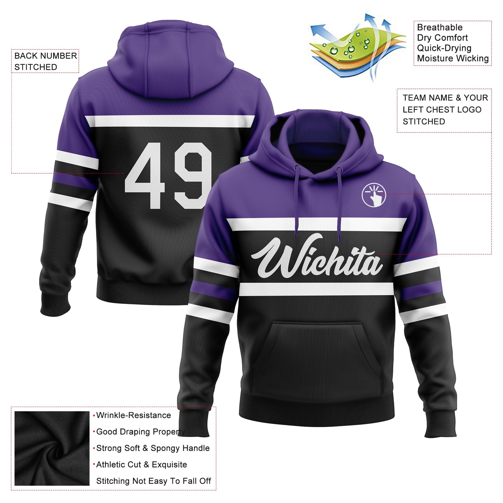 Custom Stitched Black White-Purple Line Sports Pullover Sweatshirt Hoodie view 2