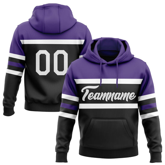 Custom Stitched Black White-Purple Line Sports Pullover Sweatshirt Hoodie - Main View