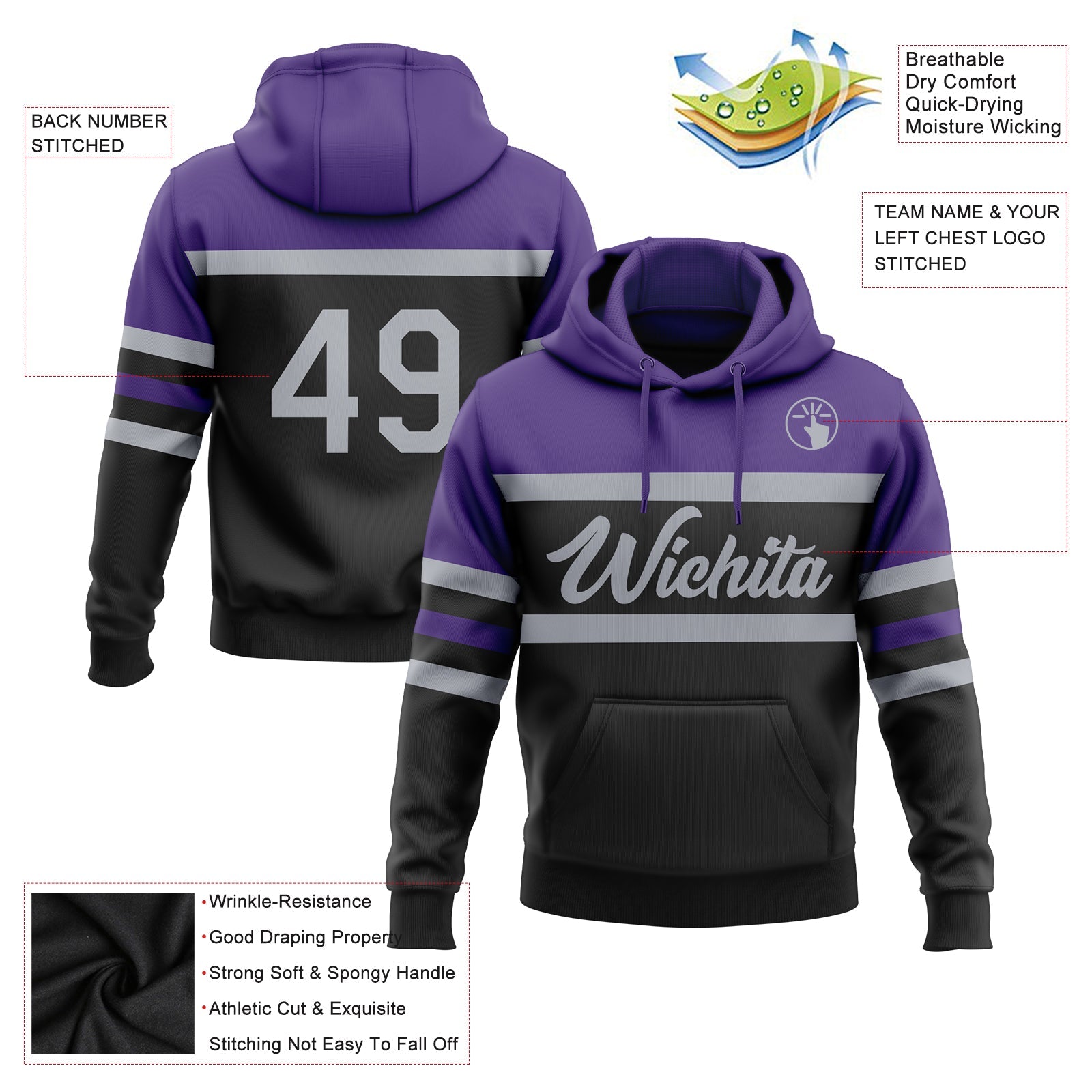Custom Stitched Black Gray-Purple Line Sports Pullover Sweatshirt Hoodie view 2