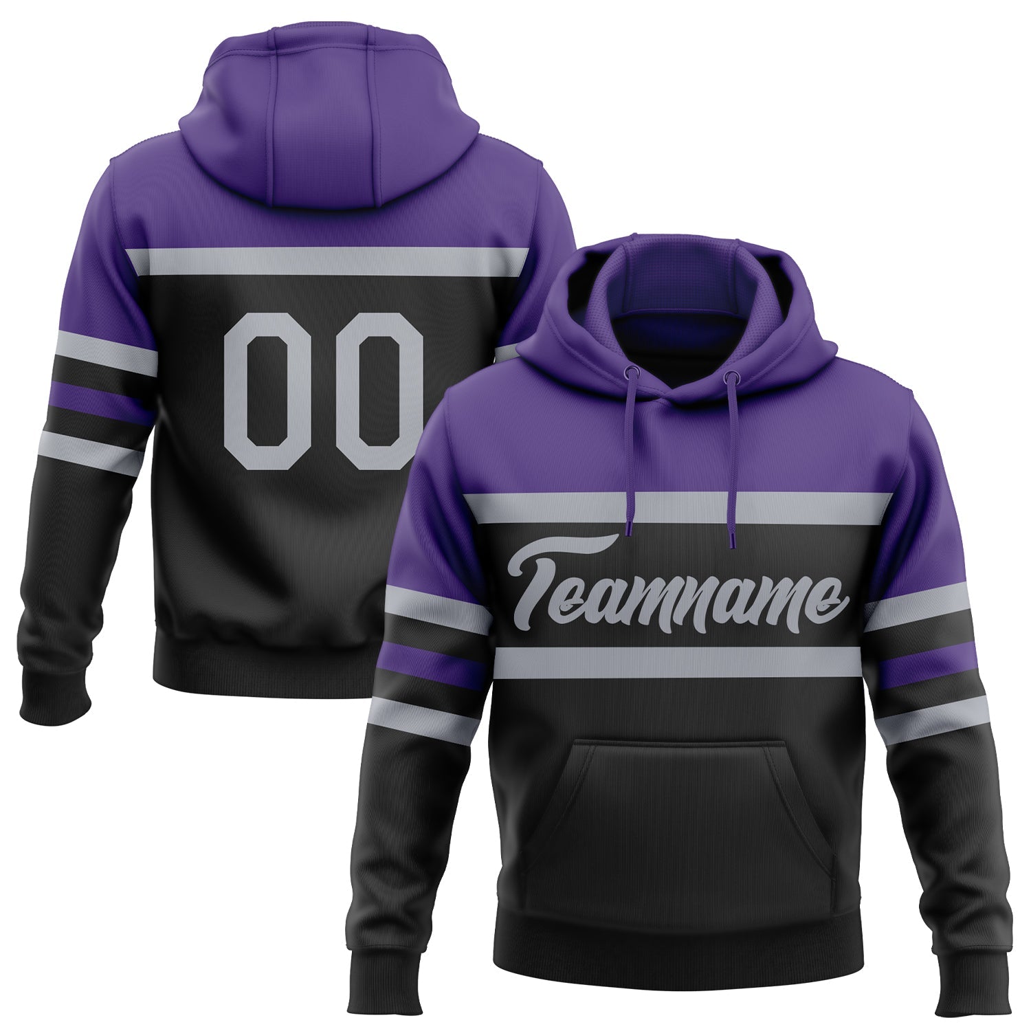 Custom Stitched Black Gray-Purple Line Sports Pullover Sweatshirt Hoodie - Main View