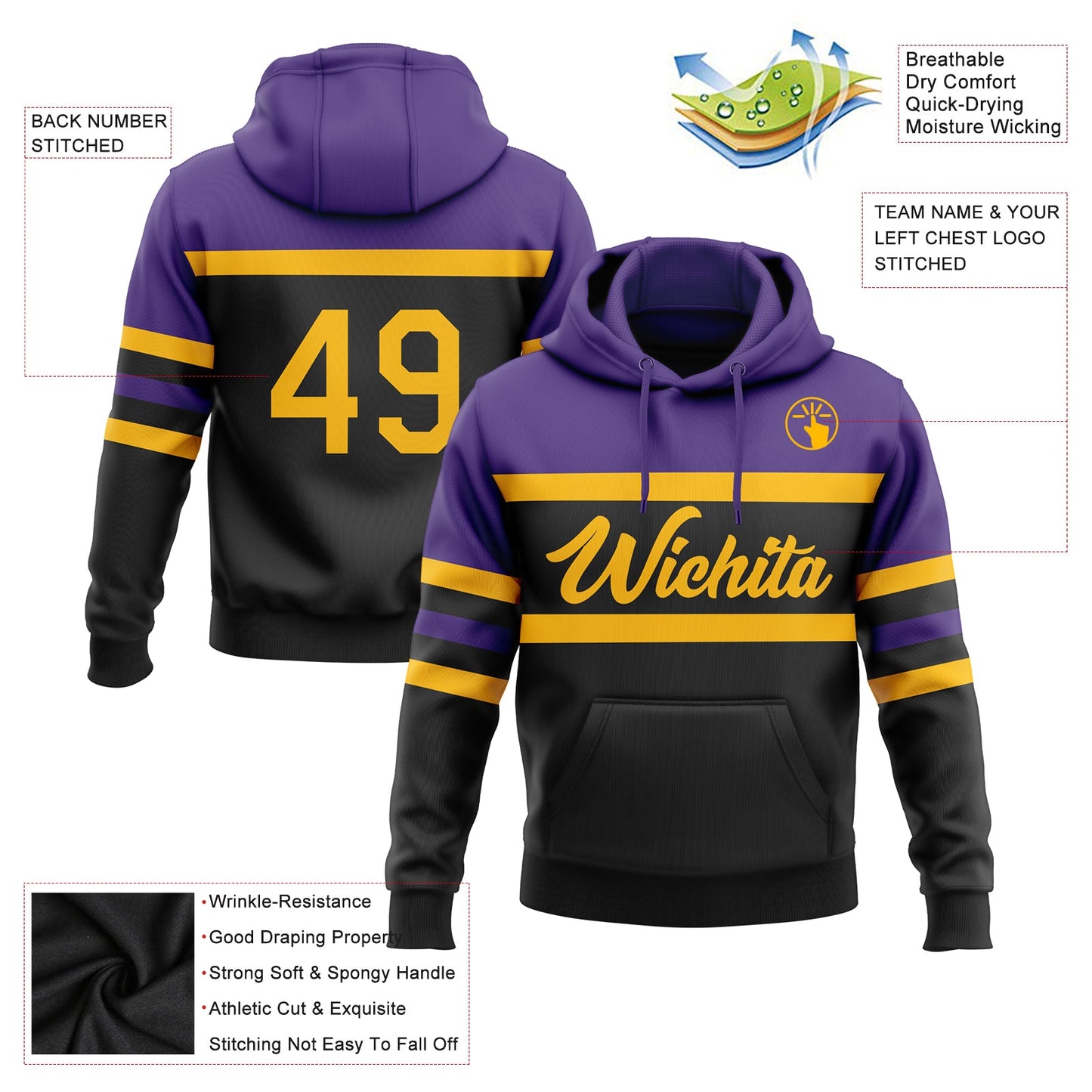 Custom Stitched Black Gold-Purple Line Sports Pullover Sweatshirt Hoodie view 2
