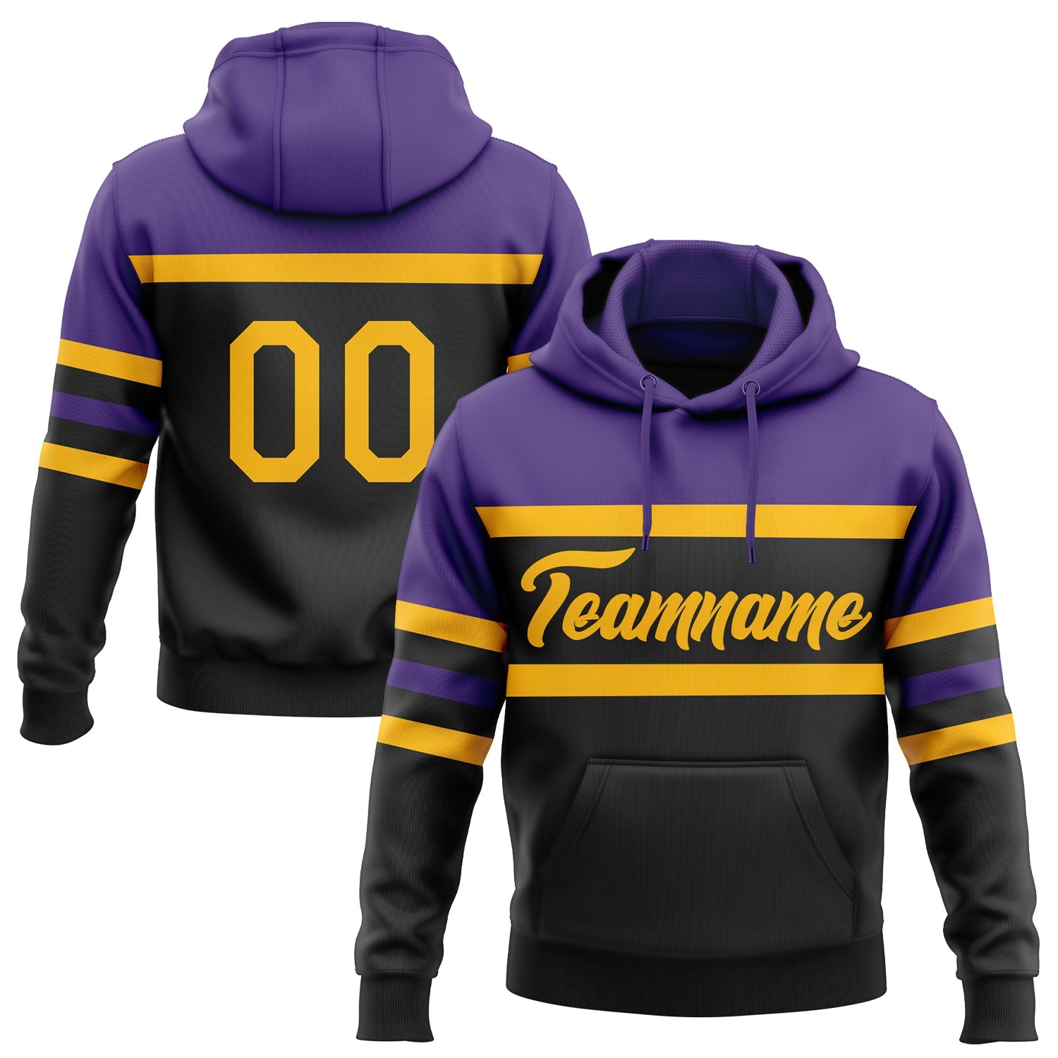 Custom Stitched Black Gold-Purple Line Sports Pullover Sweatshirt Hoodie - Main View