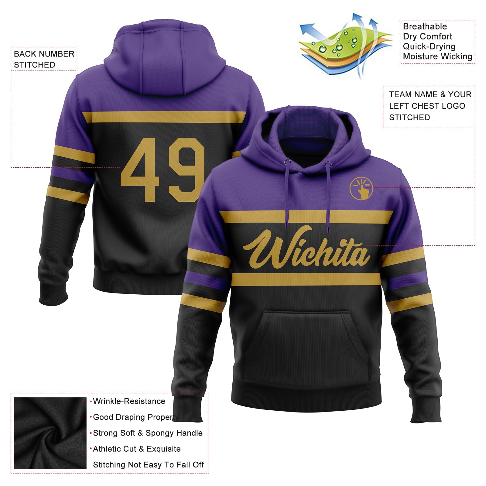Custom Stitched Black Old Gold-Purple Line Sports Pullover Sweatshirt Hoodie view 2