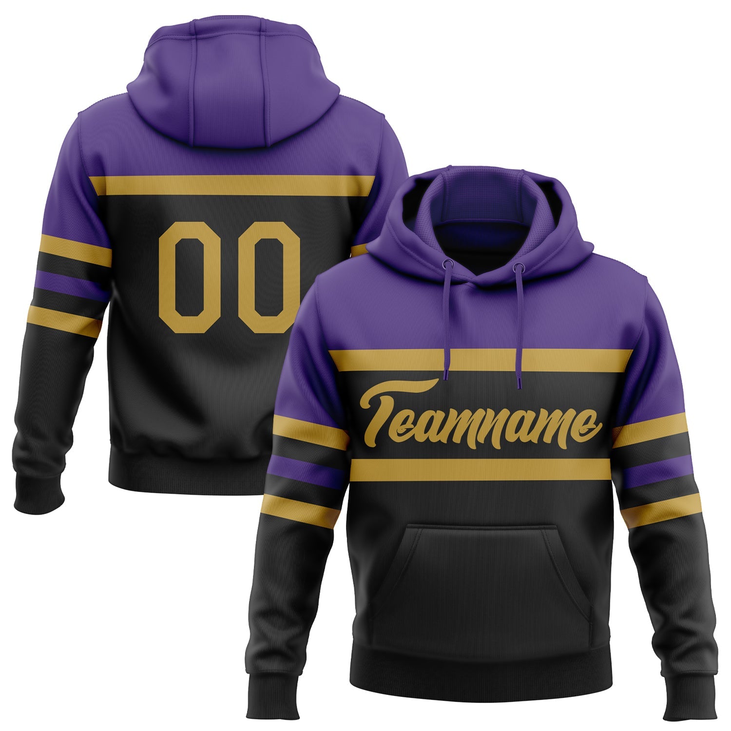 Custom Stitched Black Old Gold-Purple Line Sports Pullover Sweatshirt Hoodie - Main View