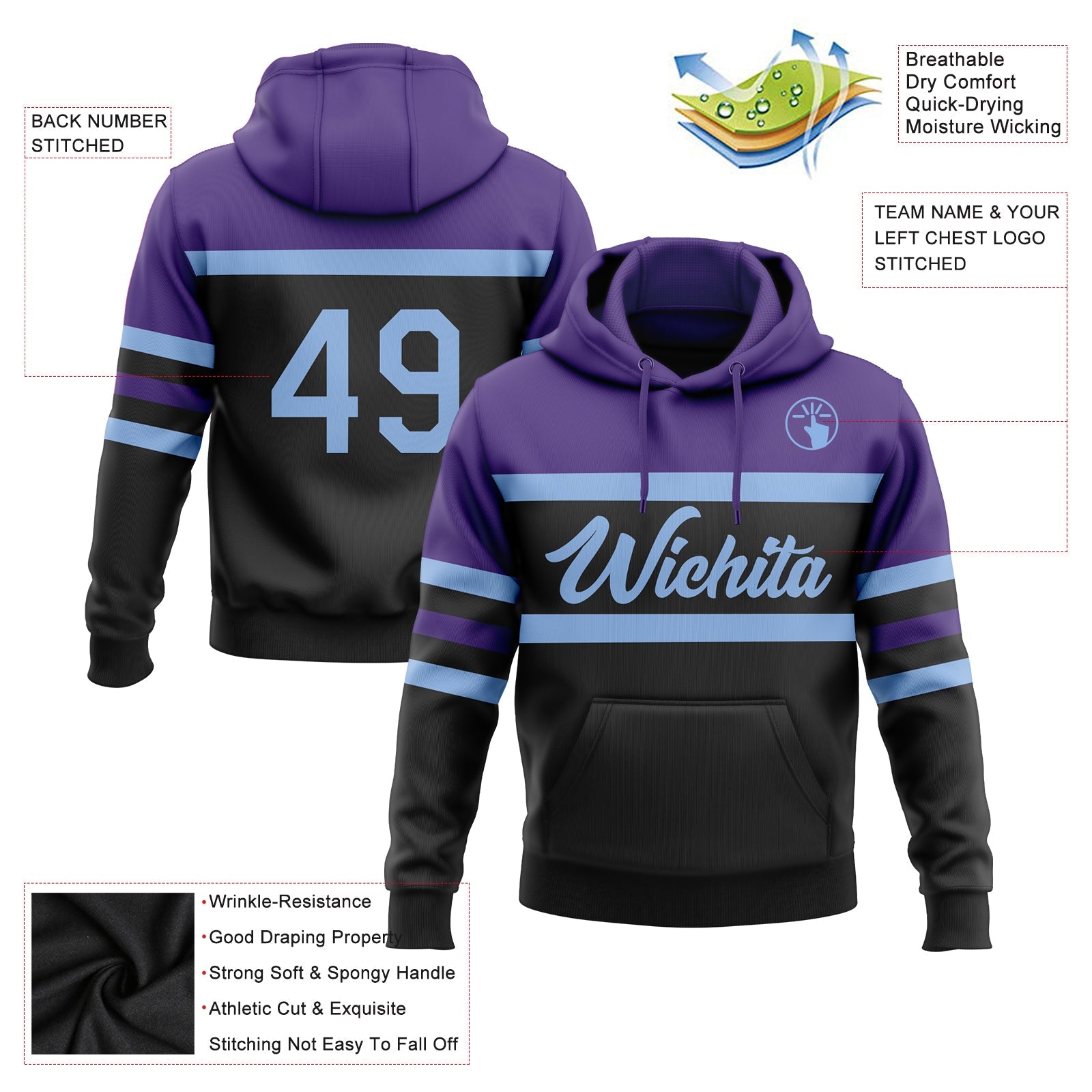 Custom Stitched Black Light Blue-Purple Line Sports Pullover Sweatshirt Hoodie view 2