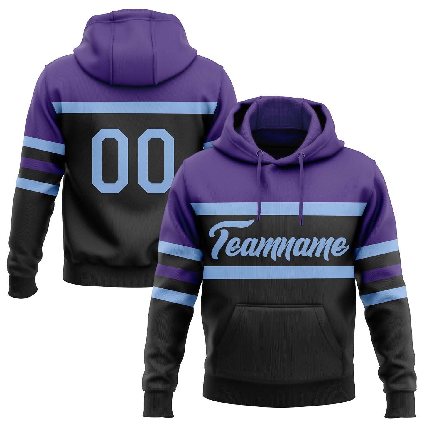 Custom Stitched Black Light Blue-Purple Line Sports Pullover Sweatshirt Hoodie - Main View