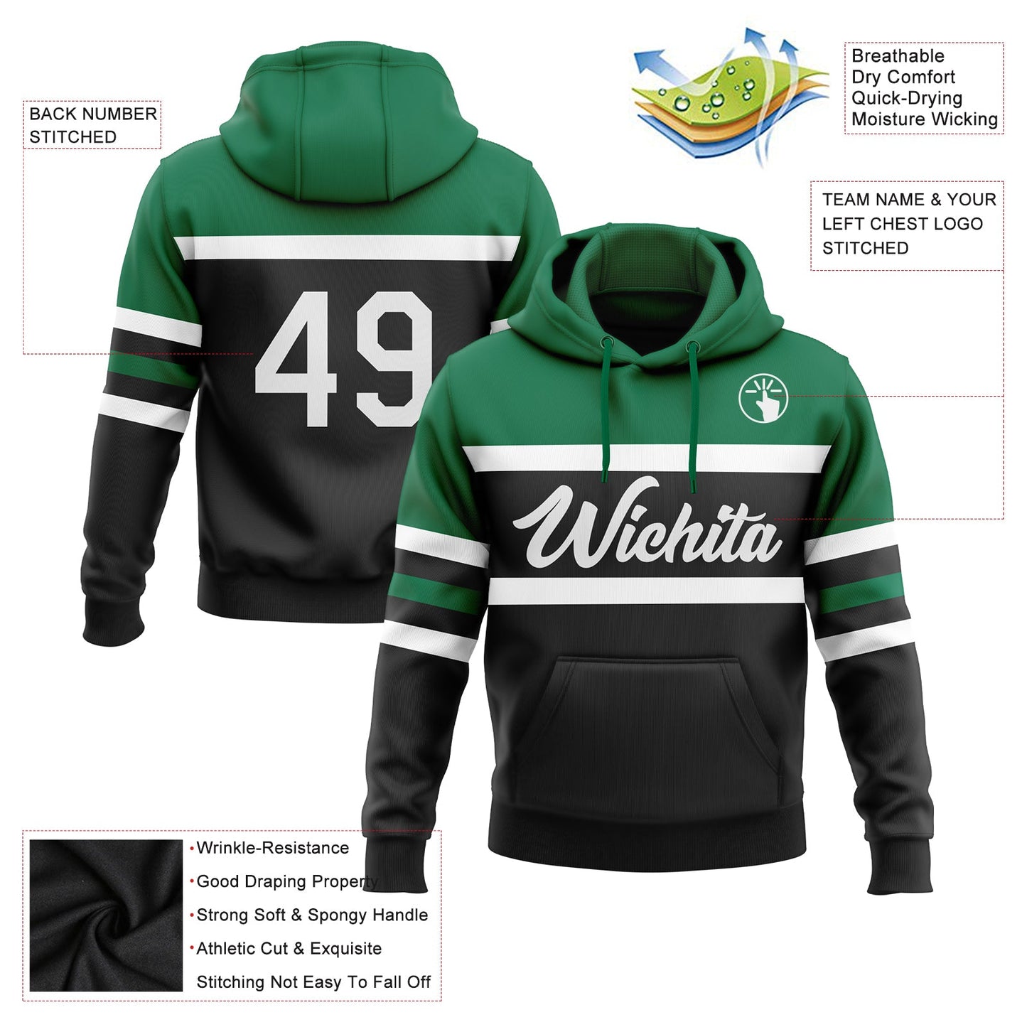 Custom Stitched Black White-Kelly Green Line Sports Pullover Sweatshirt Hoodie view 2