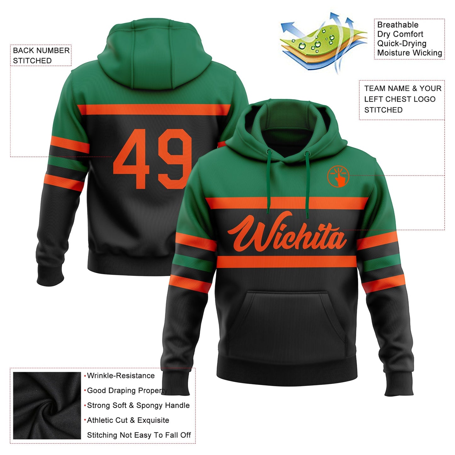 Custom Stitched Black Orange-Kelly Green Line Sports Pullover Sweatshirt Hoodie view 2
