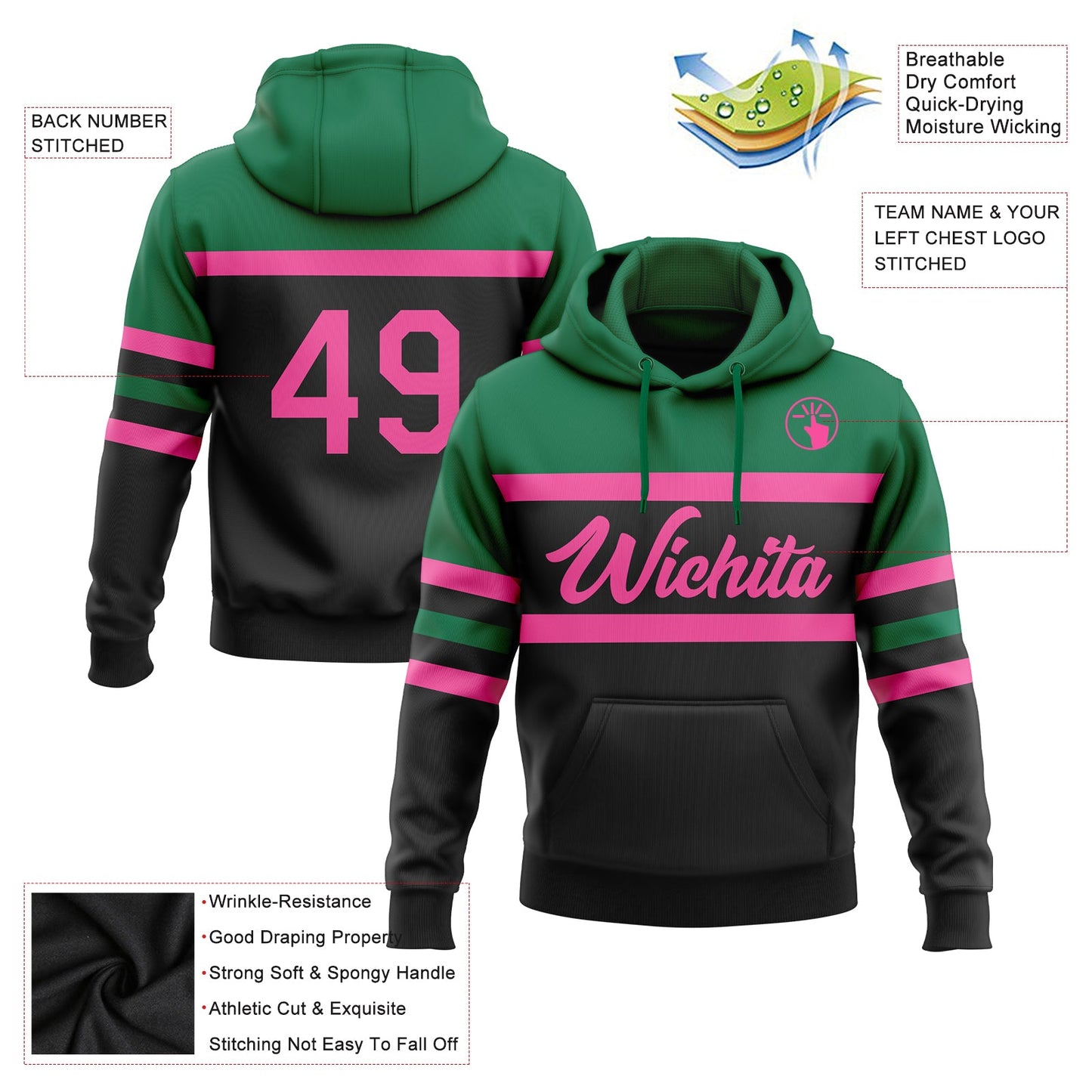 Custom Stitched Black Pink-Kelly Green Line Sports Pullover Sweatshirt Hoodie view 2