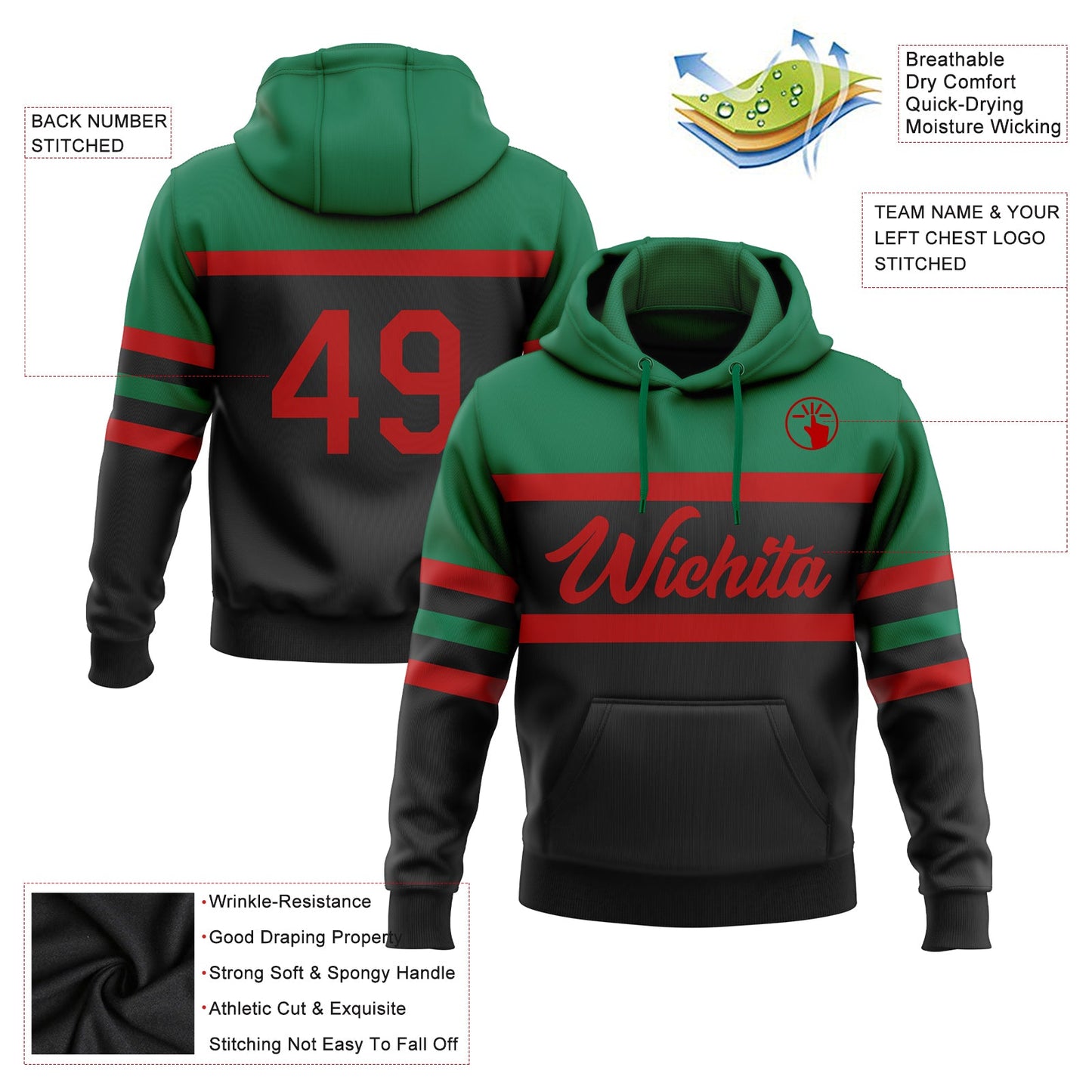 Custom Stitched Black Red-Kelly Green Line Sports Pullover Sweatshirt Hoodie view 2