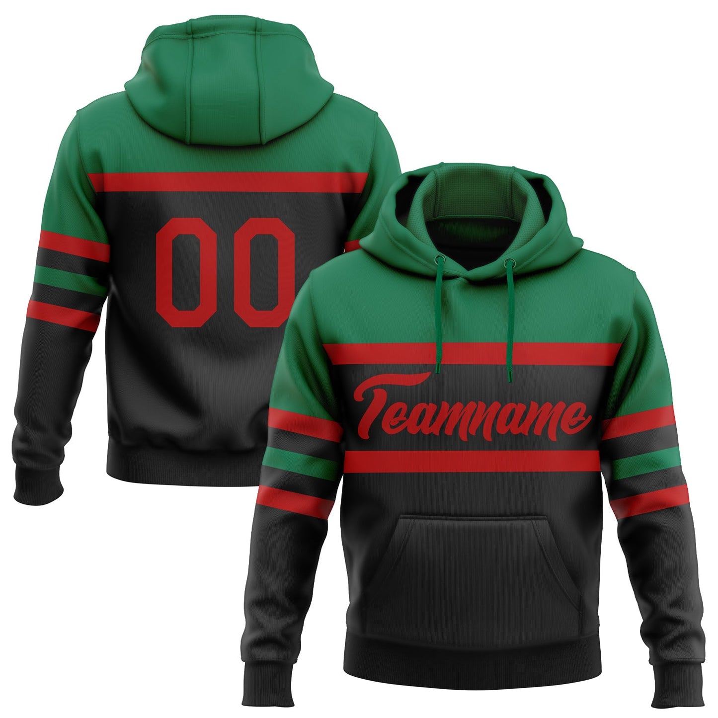 Custom Stitched Black Red-Kelly Green Line Sports Pullover Sweatshirt Hoodie - Main View