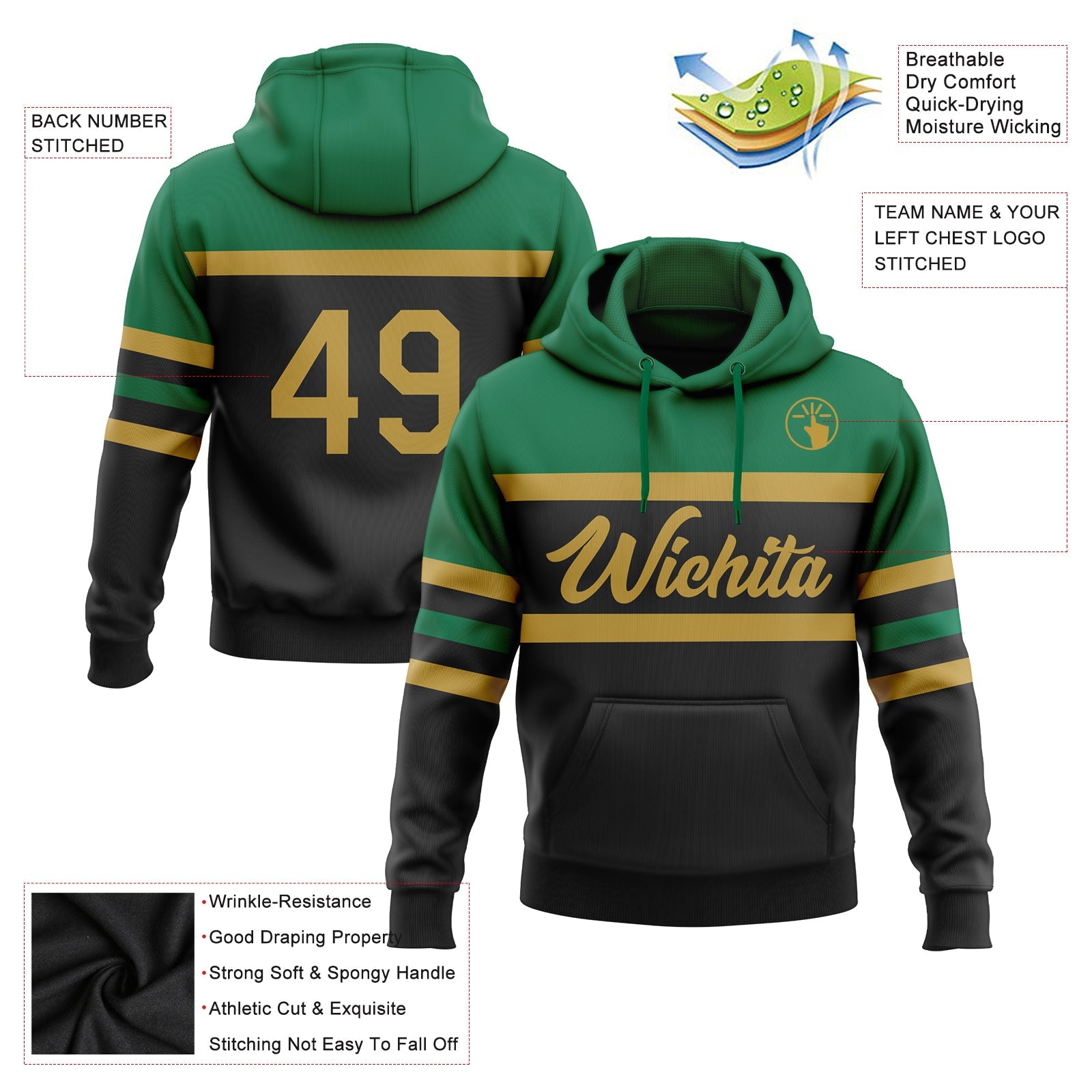 Custom Stitched Black Old Gold-Kelly Green Line Sports Pullover Sweatshirt Hoodie view 2
