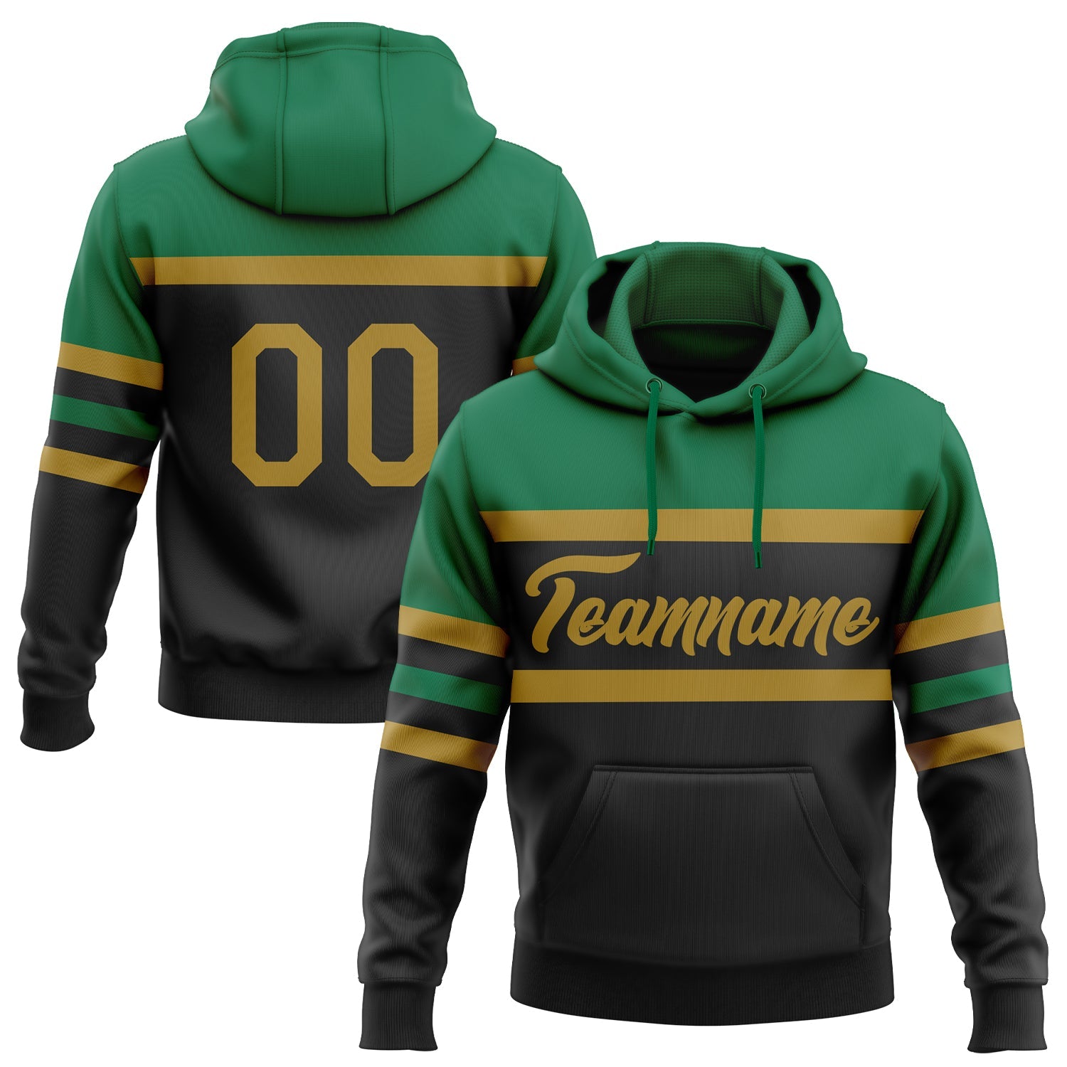 Custom Stitched Black Old Gold-Kelly Green Line Sports Pullover Sweatshirt Hoodie - Main View