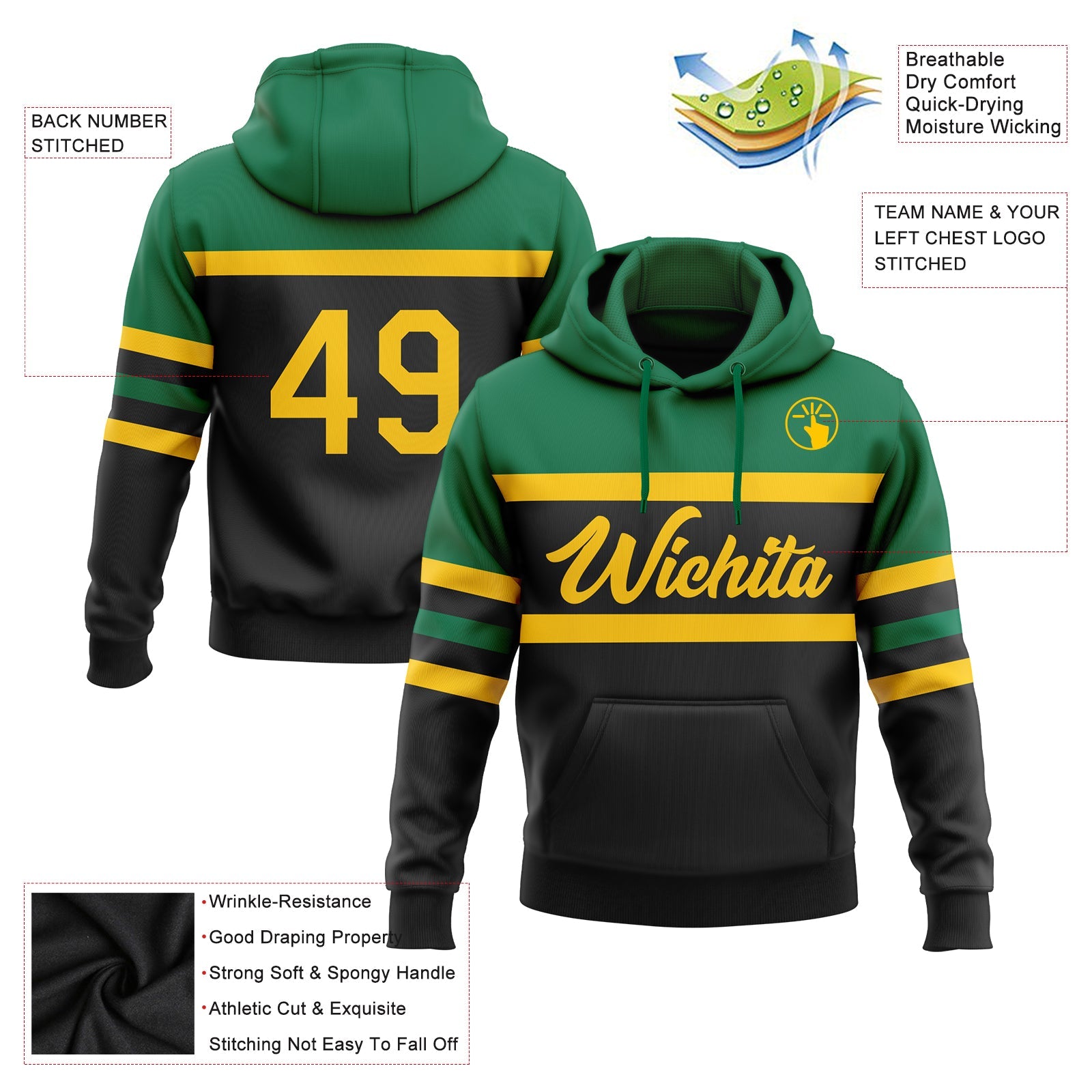 Custom Stitched Black Yellow-Kelly Green Line Sports Pullover Sweatshirt Hoodie view 2
