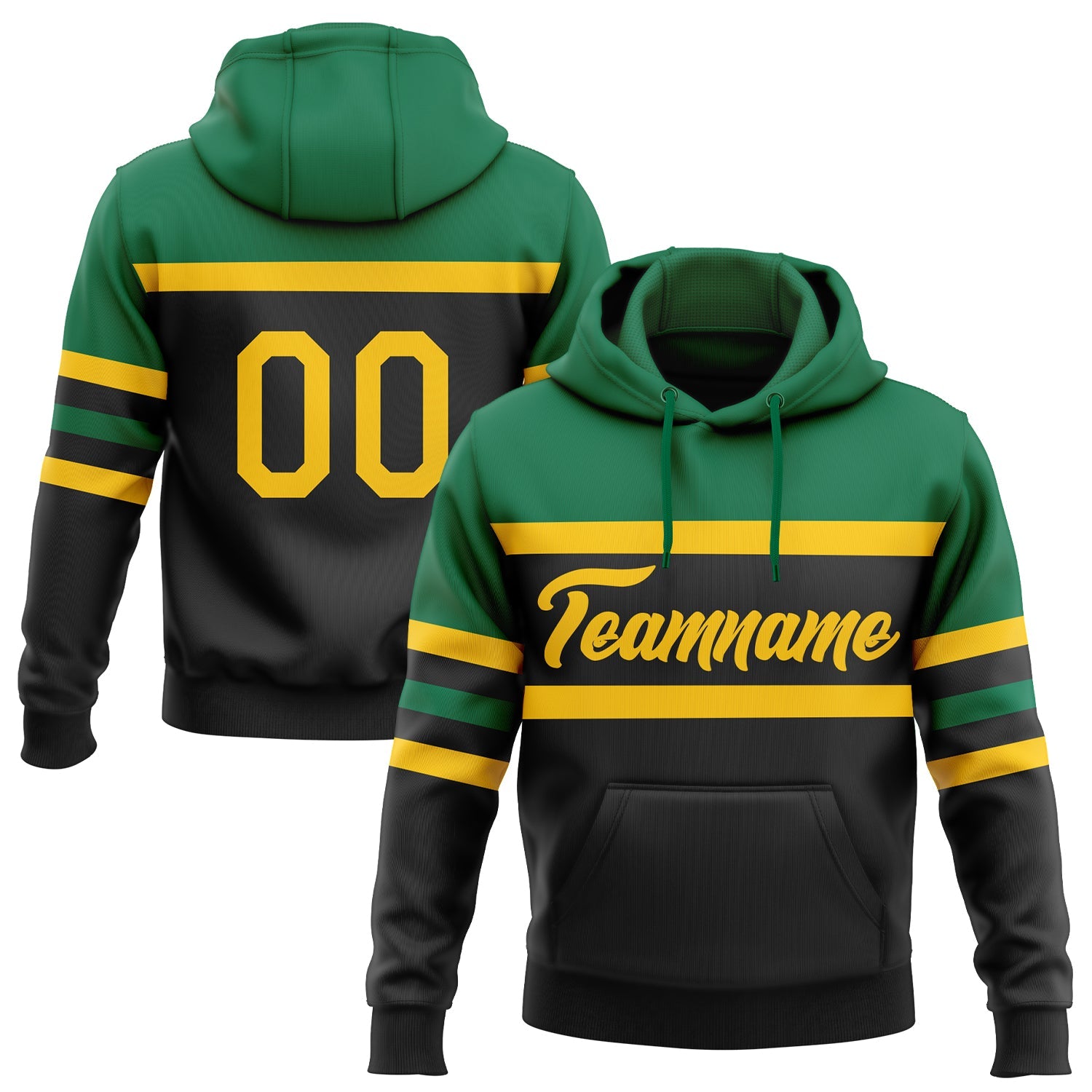 Custom Stitched Black Yellow-Kelly Green Line Sports Pullover Sweatshirt Hoodie - Main View