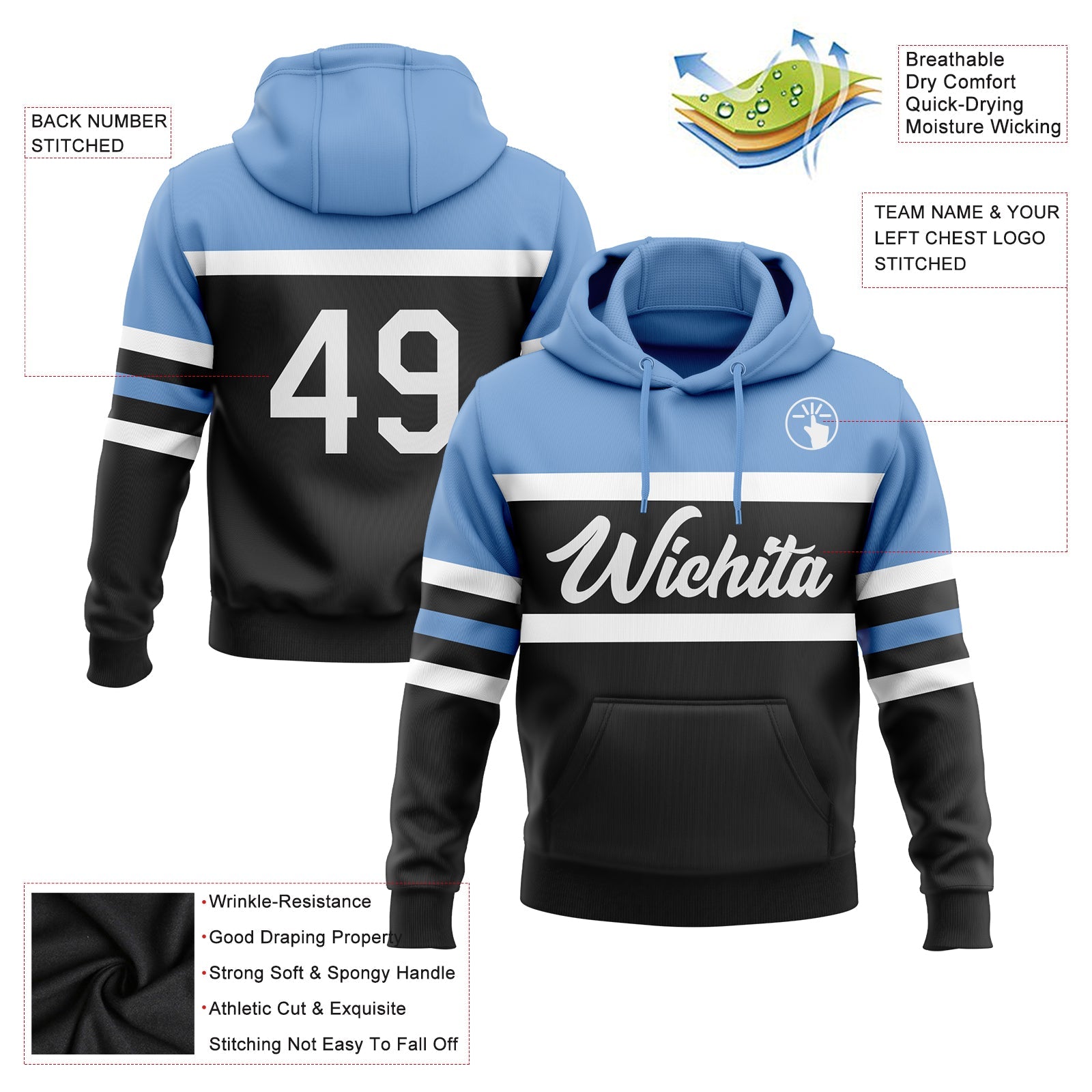 Custom Stitched Black White-Light Blue Line Sports Pullover Sweatshirt Hoodie view 2