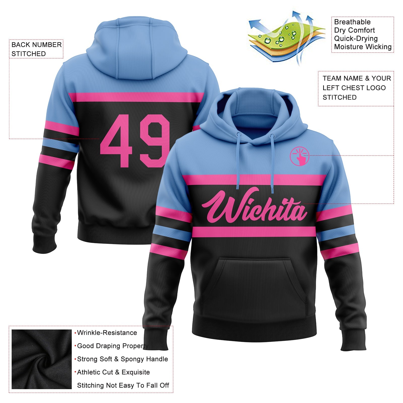 Custom Stitched Black Pink-Light Blue Line Sports Pullover Sweatshirt Hoodie view 2