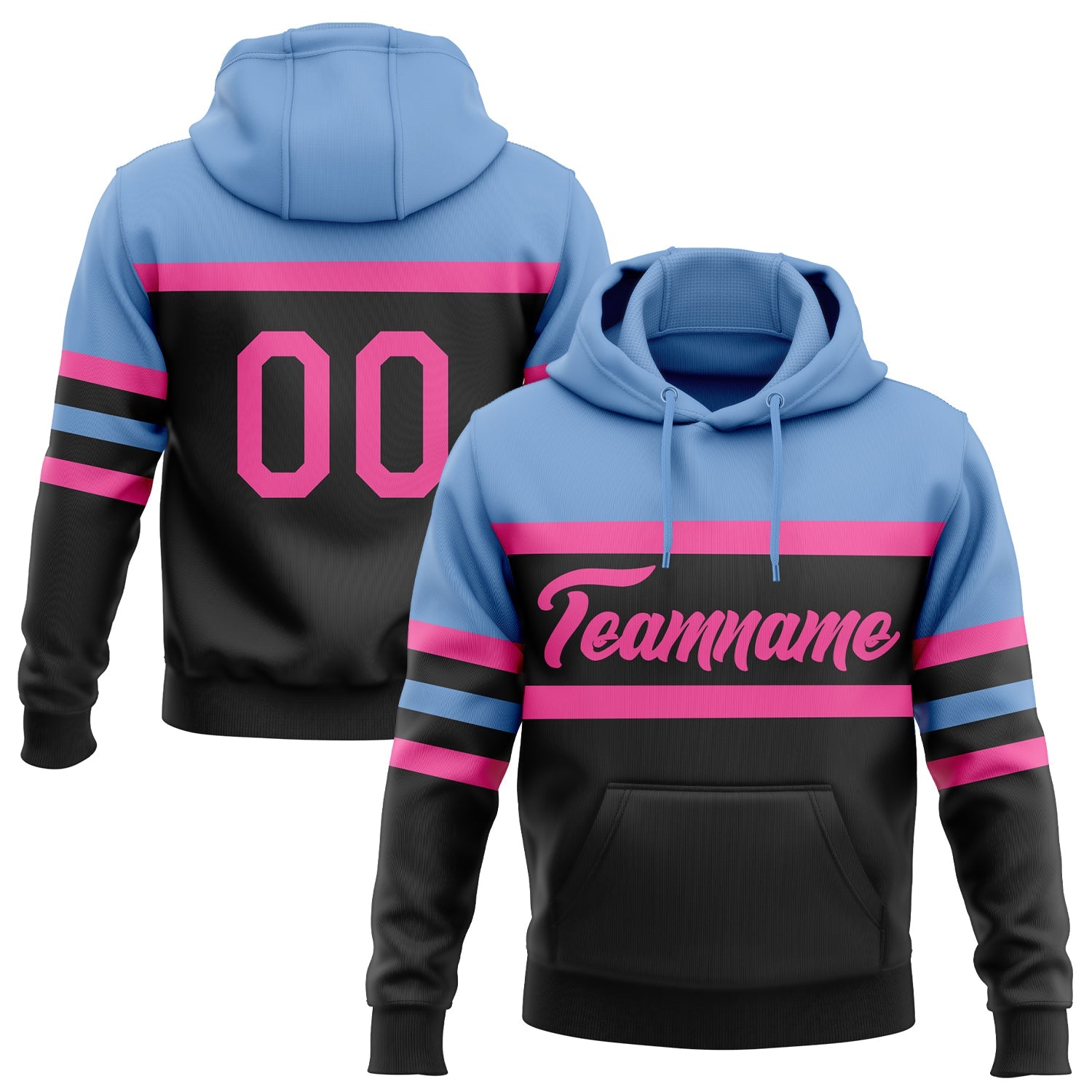 Custom Stitched Black Pink-Light Blue Line Sports Pullover Sweatshirt Hoodie - Main View