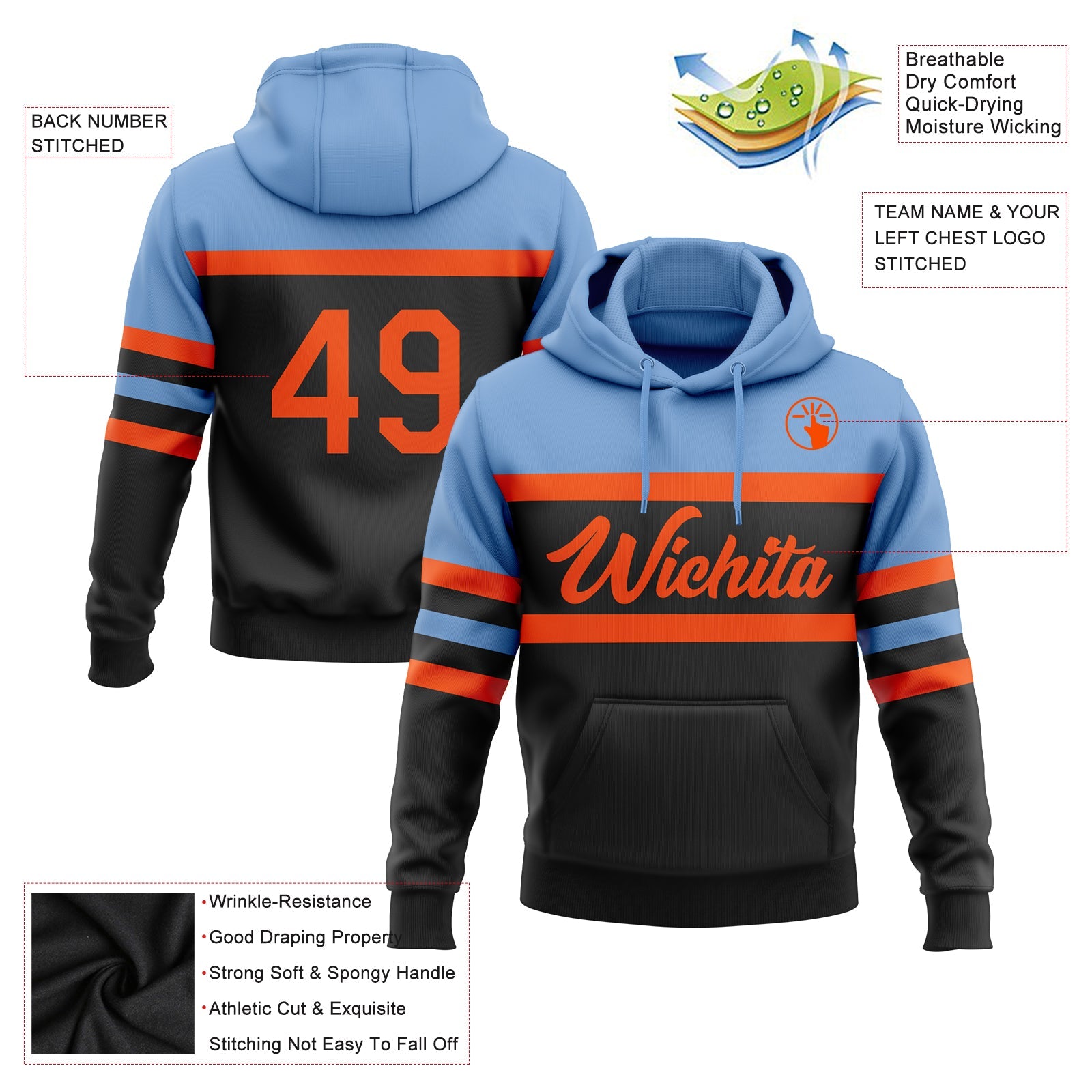 Custom Stitched Black Orange-Light Blue Line Sports Pullover Sweatshirt Hoodie view 2
