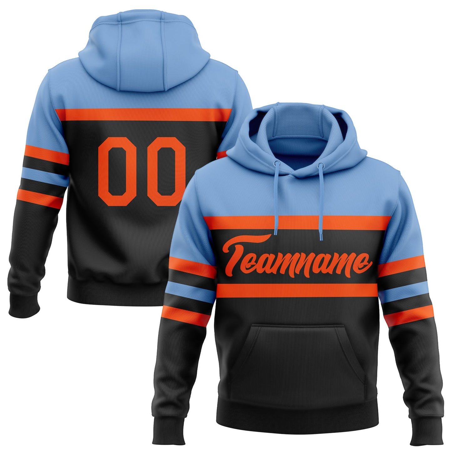 Custom Stitched Black Orange-Light Blue Line Sports Pullover Sweatshirt Hoodie - Main View