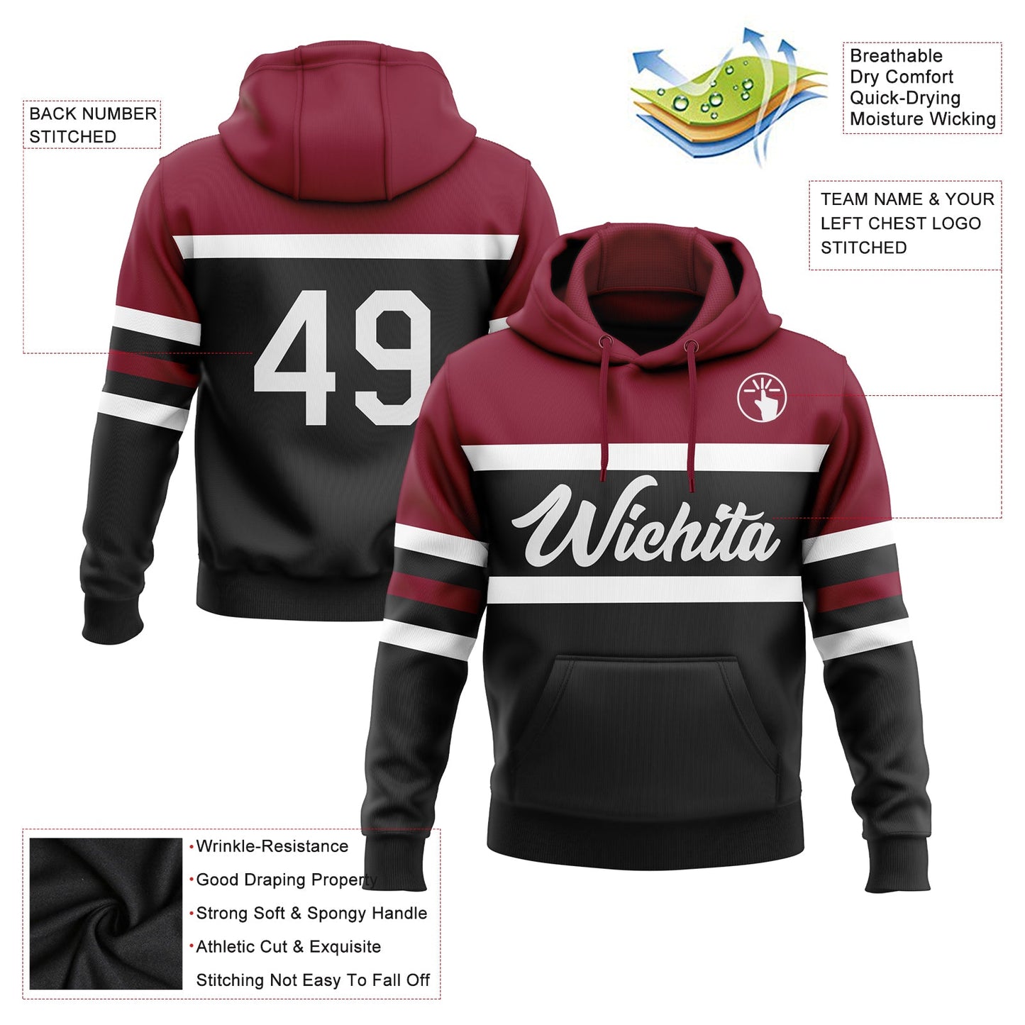 Custom Stitched Black White-Crimson Line Sports Pullover Sweatshirt Hoodie view 2