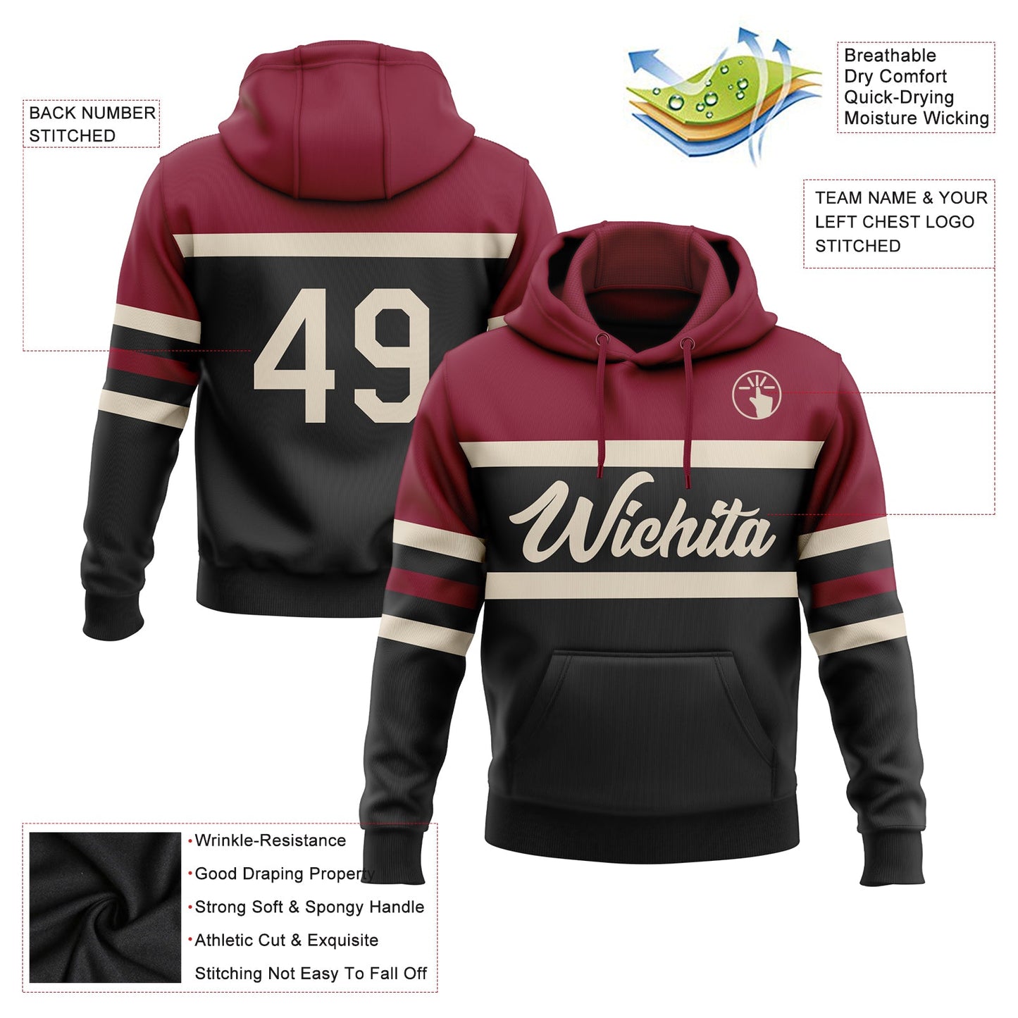 Custom Stitched Black Cream-Crimson Line Sports Pullover Sweatshirt Hoodie view 2