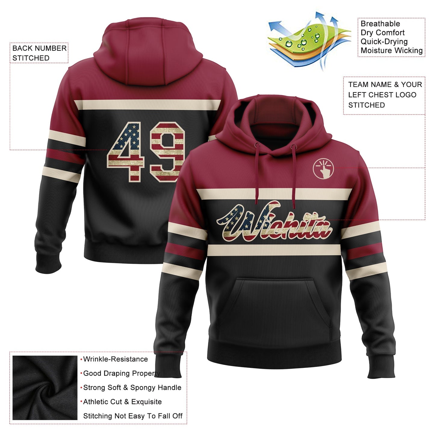 Custom Stitched Black Vintage USA Flag Cream-Crimson Line Sports Pullover Sweatshirt Hoodie view 2